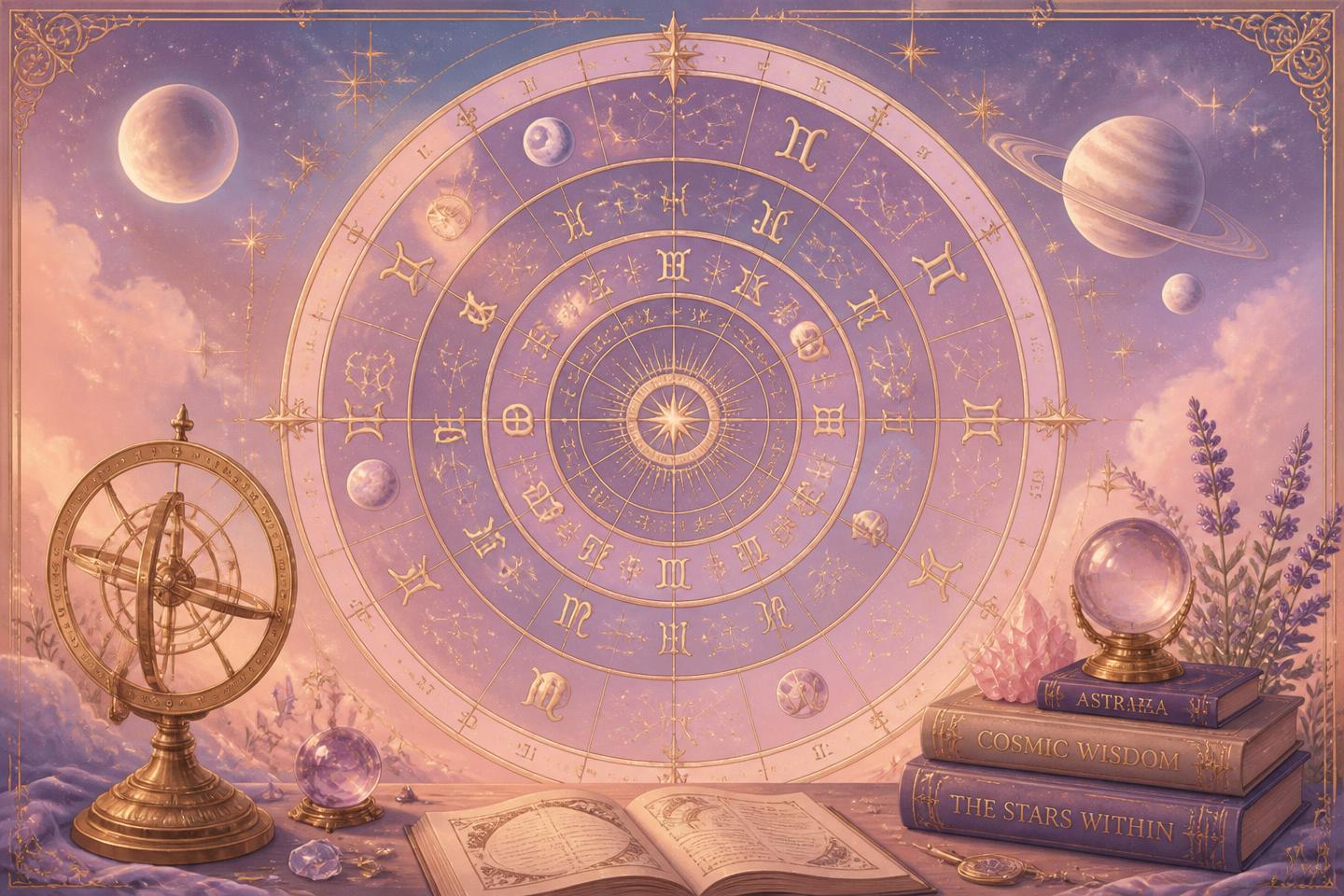 Ornate zodiac wheel chart with planets and an astrolabe