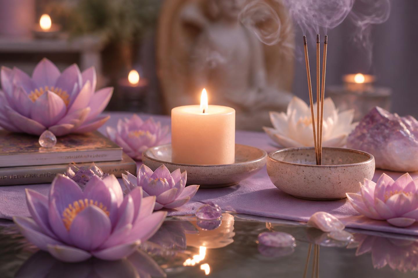 Candles, lotus flowers and crystals set out for a spiritual guidance session