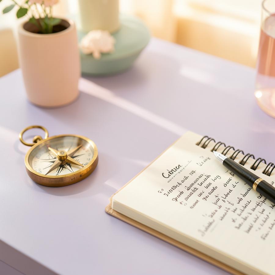 Brass compass and notebook on a soft lavender desk