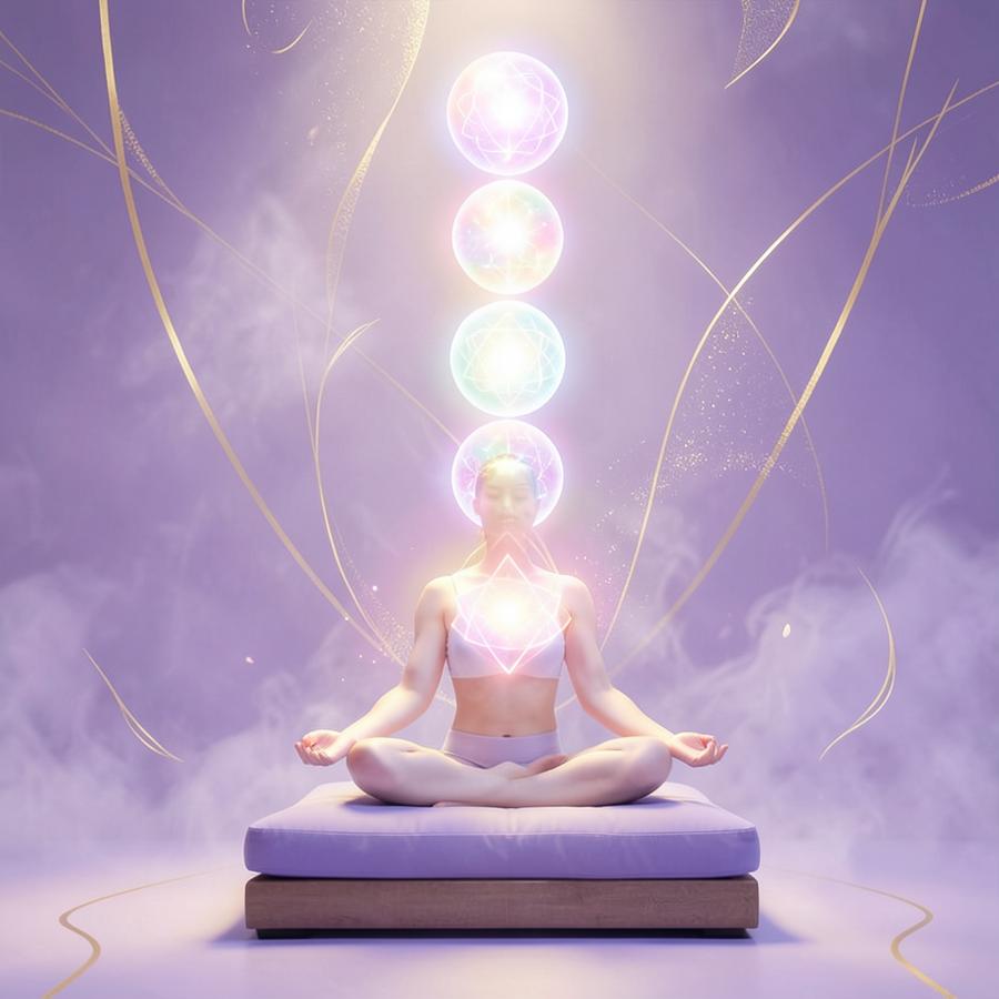 Softly glowing pastel energy centers above a meditation cushion