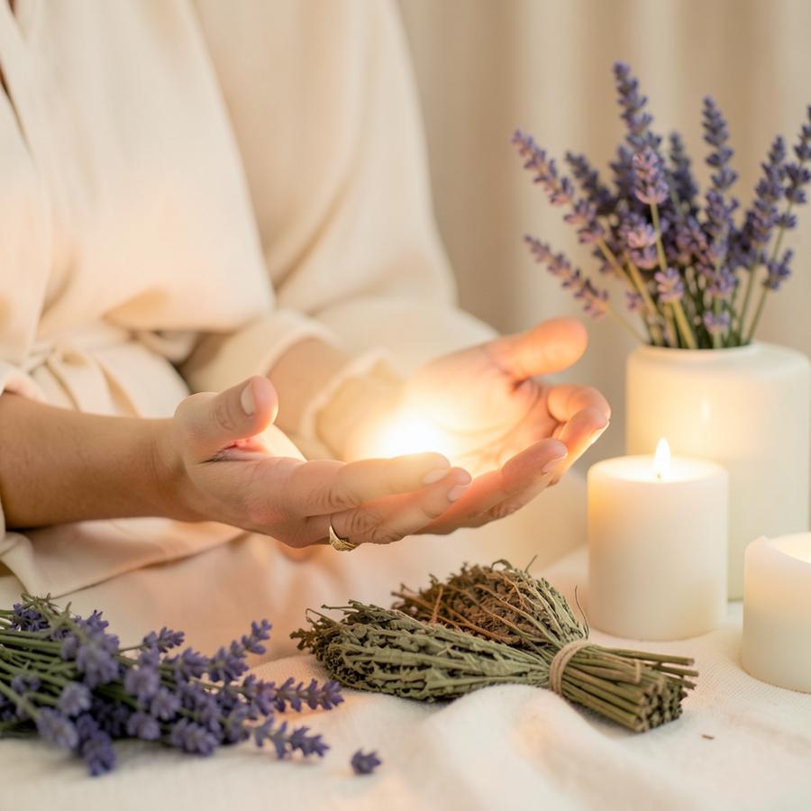 Cupped hands holding a soft glow beside lavender and candles