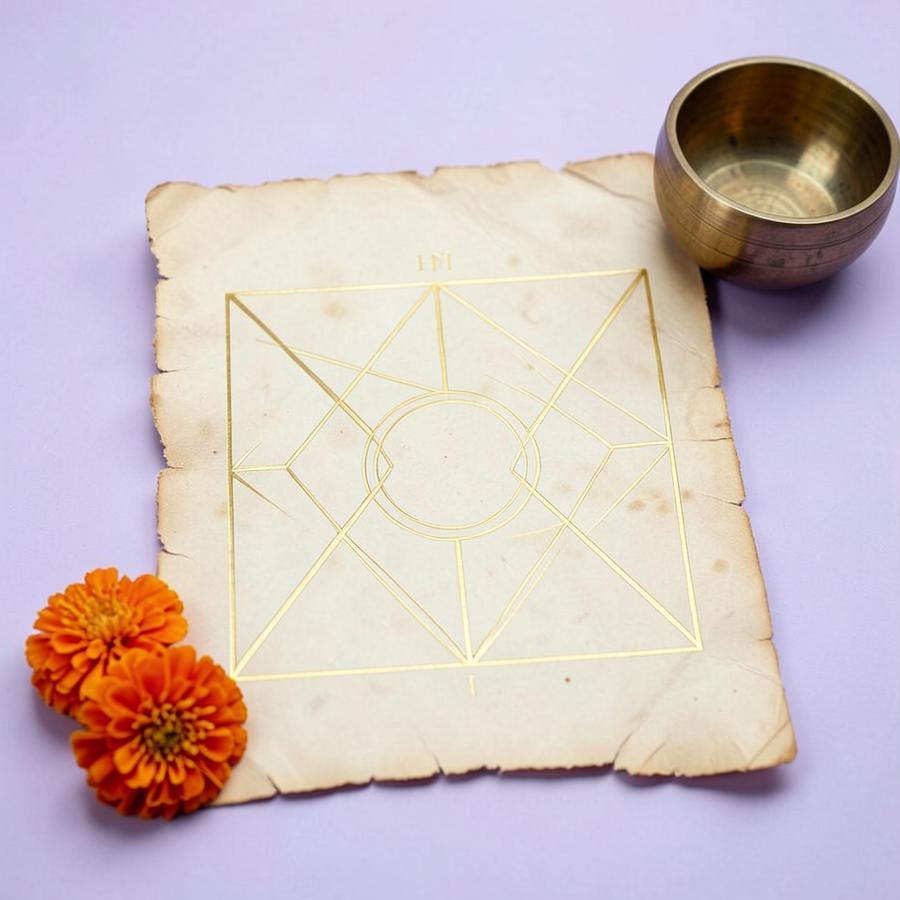 Hand-drawn Vedic birth chart diagram on aged parchment