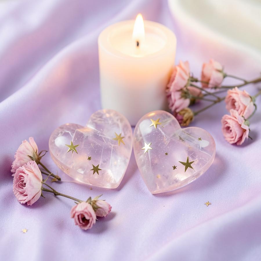 Two rose quartz hearts beside a candle and pink roses