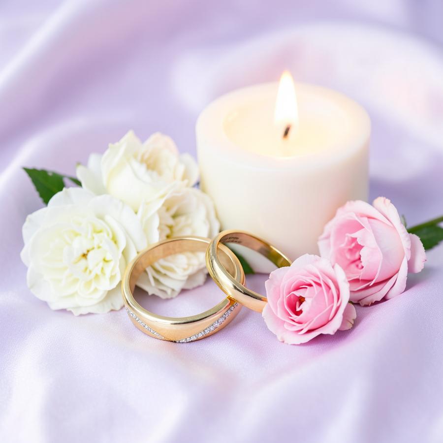 Two wedding rings resting beside soft flowers and a candle