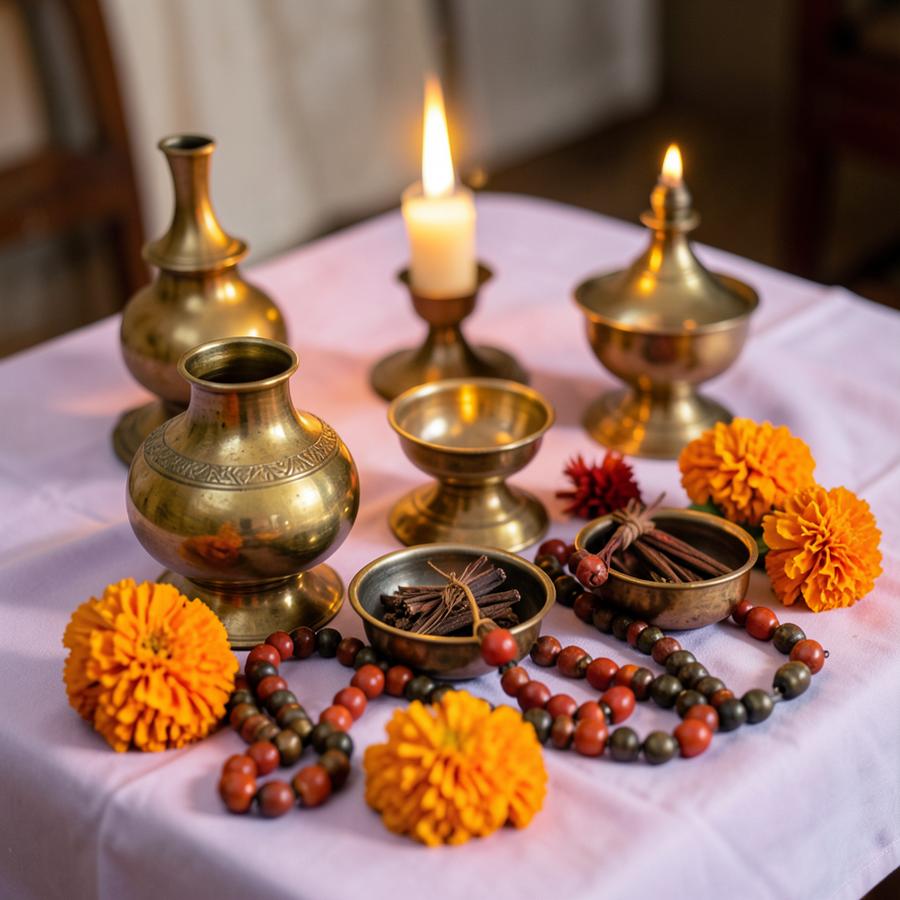 Brass lamps, prayer beads and marigold flowers on a pale cloth